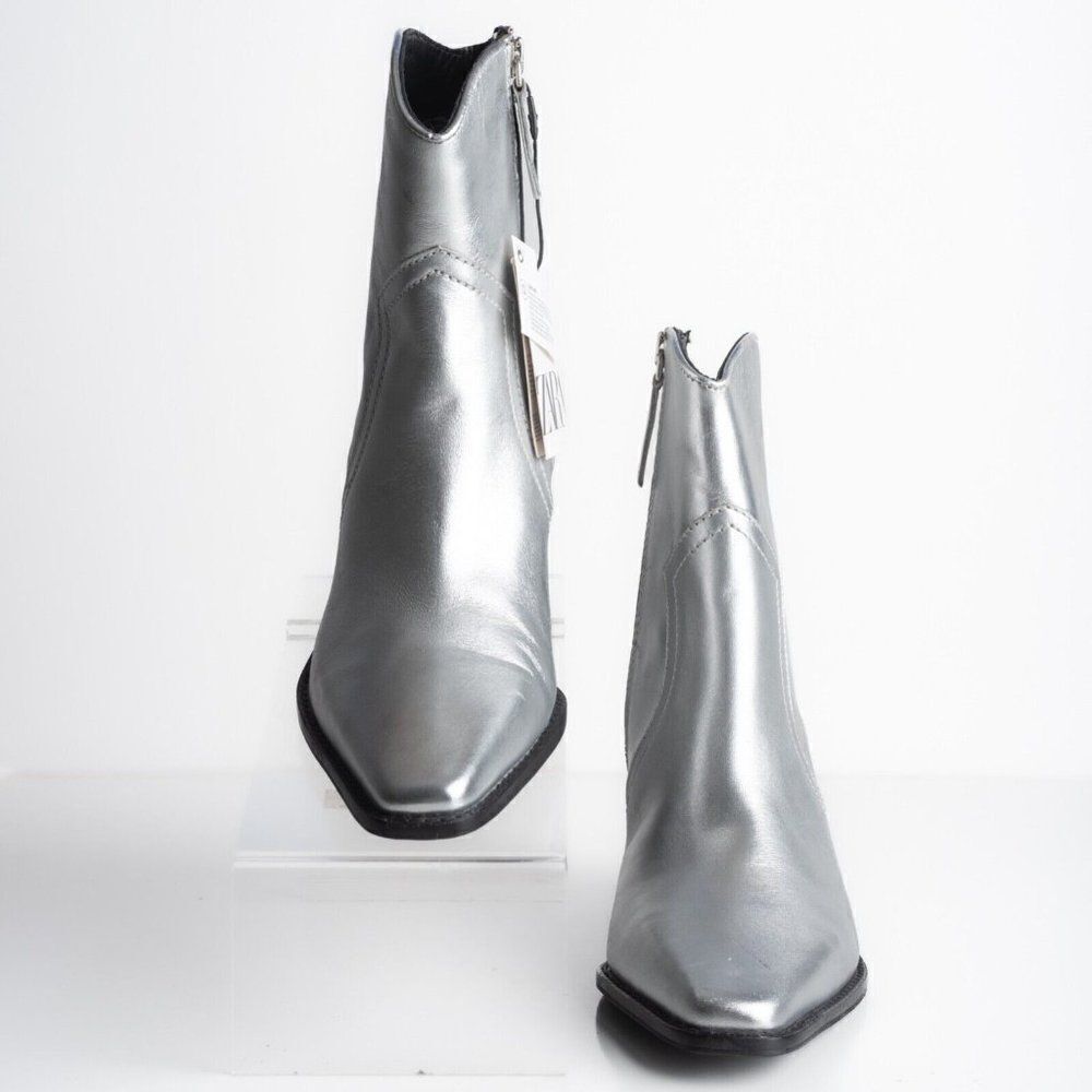 Zara Womens Metallic Silver Cowboy Leather Ankle Boots Western US 6.5 EU 37 NWT - Picture 4 of 11